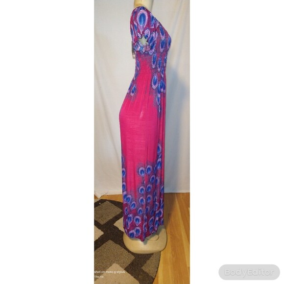 Pink Peacock Feathers Maxi Dress M - Picture 5 of 5